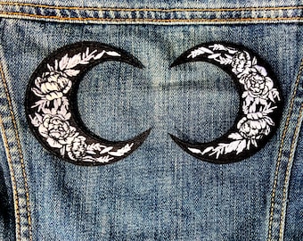 Crescent Moon Flower Embroidered Patch: Art Nouveau Iron-On Applique