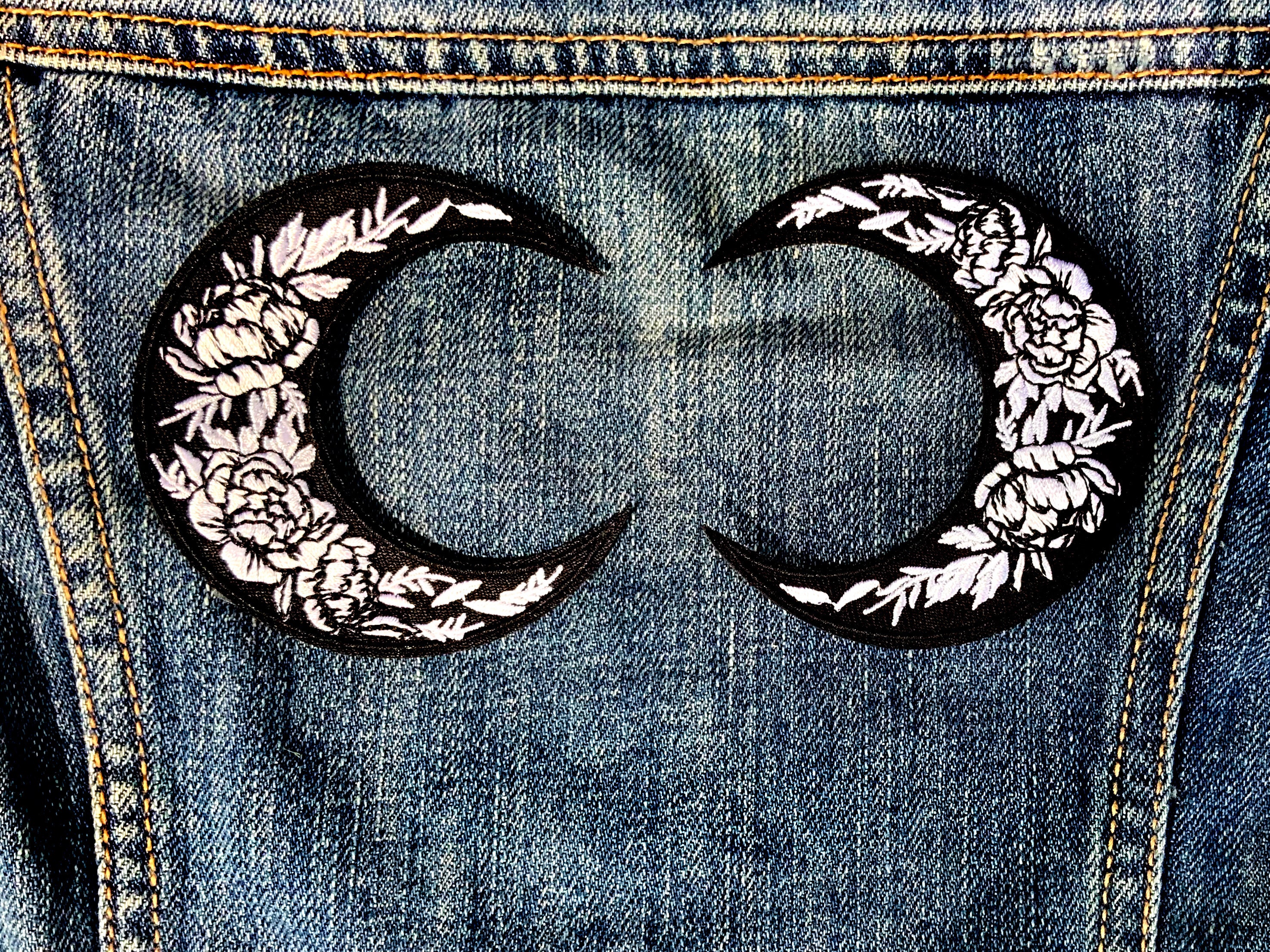 Crescent Moon Art Nouveau Flower Patch Embroidered - Iron-On For Your Backpack, Purse, Hat, Jacket– Wicca Witch Goddess Goth Nature Magic