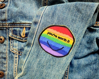 You&#39;re Worth It Inspirational Patch Embroidered - Iron-On For Your Backpack, Purse, Hat, Jacket - /LGBTQ Gay Pride/Love/Rainbow Flag