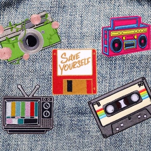 Retro Vintage Patches TV Tape Cassette Boombox Floppy Disk Rainbow Patch! Embroidered Iron-On Funny 1980s 1990s VHS Vinyl Records LP Vintage