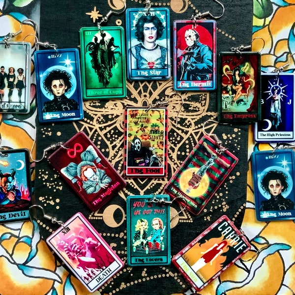 Horror Movie Tarot Deck Earrings Charm Scary Movie Charm Gothic Thriller Slasher Film Cult Classic Charm, Occult Witch Jewelry, Metaphysical