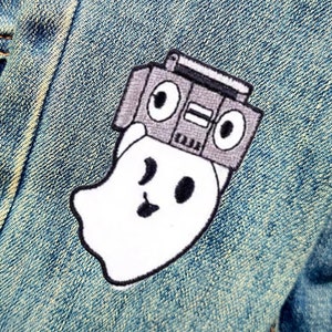 Retro Boombox Music Loving Ghost Patch Embroidered Iron-On For Your Backpack, Purse, Hat, Jacket– Funny Meme Humor Throwback Vintage Style