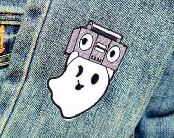 Retro Boombox Music Loving Ghost Patch Embroidered Iron-On For Your Backpack, Purse, Hat, Jacket– Funny Meme Humor Throwback Vintage Style