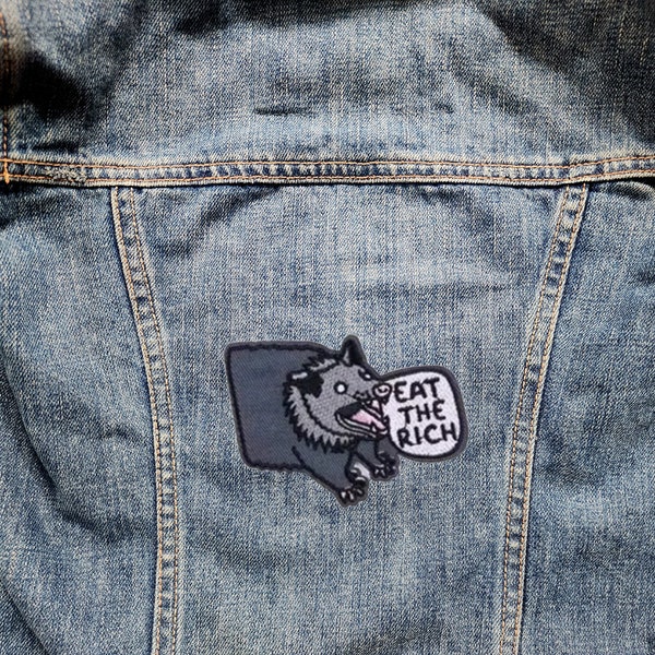 EAT THE RICH Opossum - Inspirational Patch Embroidered Iron-On For Your Backpack Purse Hat Funny Animal Punk Rock Anti-Capitalism Socialism