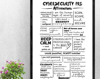 May include: A framed black and white print titled "CYBERSECURITY PRO Affirmations." The print features various affirmations in a handwritten style, including "Keep Calm" and "Encrypt." A small potted plant and a skull figurine are in the foreground.