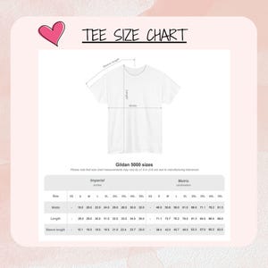May include: A white t-shirt size chart for Gildan 5000 shirts, featuring a line drawing of a t-shirt with width, length, and sleeve length indicators. A table displays measurements in inches for sizes XS through 5XL, noting a 1.5 inch tolerance.