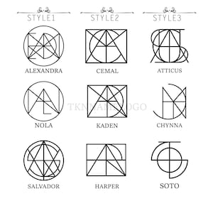 Może przedstawiać: Siatka dziewięciu czarnych monogramów liniowych ułożonych w trzy kolumny oznaczone jako STYLE1, STYLE2 i STYLE3. Każdy monogram zawiera kształty geometryczne, takie jak koła i prostokąty, z wystylizowanymi literami dla imion takich jak Alexandra, Cemal, Atticus, Nola, Kaden, Chynna, Salvador, Harper i Soto.