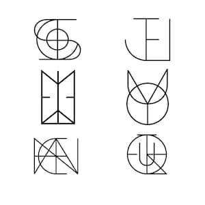 May include: Six abstract geometric designs in black line art. Each design is unique and features a combination of circles, squares, and triangles.