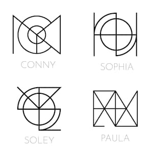 May include: Four black and white geometric designs with the names "Conny", "Sophia", "Soley", and "Paula" underneath each design.