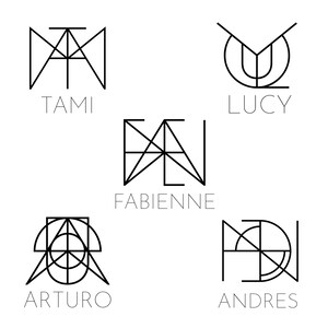 Op de afbeelding: Een verzameling minimalistische zwarte lijnkunst logo's met de namen TAMI, LUCY, FABIENNE, ARTURO en ANDRES. Elke naam wordt gecombineerd met een uniek geometrisch ontwerp, wat een moderne en artistieke uitstraling creëert. De namen zijn geschreven in een strak, schreefloos lettertype.
