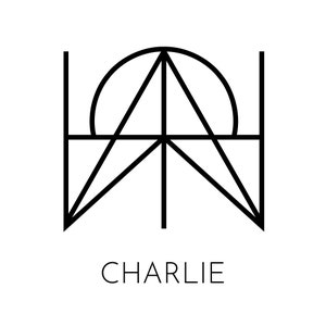 May include: Black and white geometric design with the word "CHARLIE" underneath.