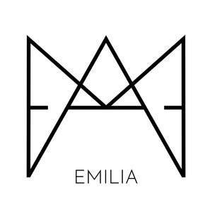 May include: Black and white geometric design with the word "EMILIA" underneath.