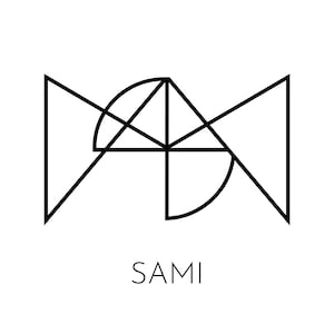 May include: A black and white geometric design with the word "SAMI" underneath.