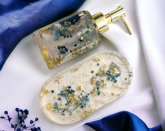 Distributeur de savon résine époxy / résine fleurs bleues