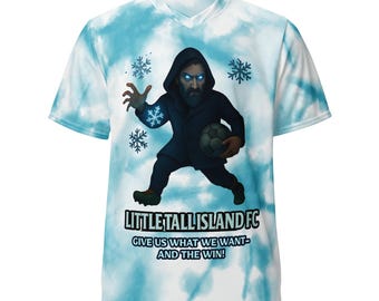 May include: A white and blue tie-dye soccer jersey featuring a graphic of a hooded figure with glowing blue eyes holding a soccer ball. The text "LITTLE TALL ISLAND FC" and "GIVE US WHAT WE WANT - AND THE WIN!" are printed on the front.
