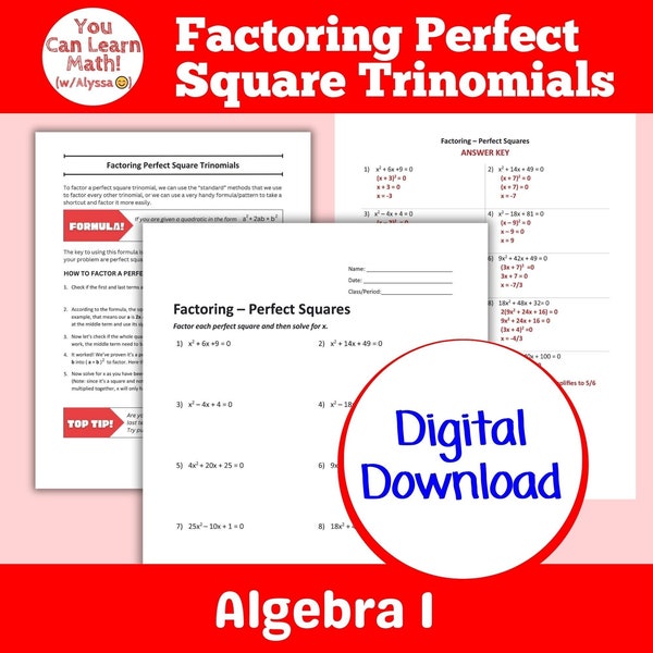 Factoring Perfect Square Trinomials | Factor Quadratics Worksheet |  Algebra I Digital Download | Includes Teaching Page, Worksheet, & Key