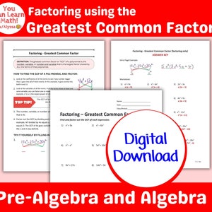 GCF Greatest Common Factor Factoring Worksheets | Pre-Algebra Algebra I Digital Download | High School Math PDF with Intro and Answer Key