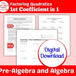Factoring Factor Quadratics First 1st Coefficient Is 1 Worksheet | Pre-Algebra Algebra I Digital Download | Teaching Page, Worksheet, & Key