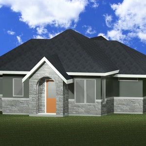 May include: A single-story house with a gray exterior and a black roof. The house has a stone facade around the front door and windows. The house is set against a blue sky with white clouds.