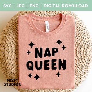 Nap Queen SVG schattig downloaden voor baby rompertje, Nap Queen cadeau voor meisjes, vintage lettertype PNG gesneden bestand, JPG voor sublimatie shirts mokken