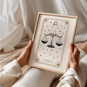Waage Sternzeichen Druck, Sternzeichen Wand Kunst, Tarot Karte, Boho Schlafzimmer Dekor, spirituelles Horoskop, Astrologie, Sternzeichen Geschenk - ungerahmt oder digital