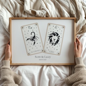 Personalisierte Sternzeichen Paar Druck, Sternzeichen Tarot Karten, Astrologie, Valentinstag Geschenk Ideen, Benutzerdefinierte Jahrestag Datum - Ungerahmt oder Digital