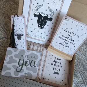 Cadeau boîte aux lettres taureau, coffret cadeau zodiaque, affirmations de jurons, astrologie, signe astrologique taureau, anniversaire avril/mai, soins de soi, juste parce que
