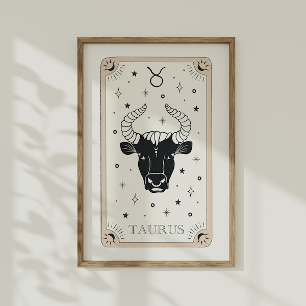 Stier Sternzeichen Druck, Sternzeichen Wandkunst, Tarot Karte, Boho Schlafzimmer Dekor, spirituelles Horoskop, Astrologie, Geschenk für Freunde - ungerahmt oder digital