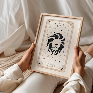 Löwe Sternzeichen Druck, Sternzeichen Wandkunst, Tarot Karte, Boho Schlafzimmer Dekor, spirituelles Horoskop, Astrologie, Sternzeichen Geschenk - ungerahmt oder digital