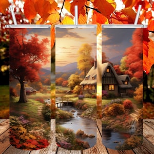River Cottage im Herbst 20 Unzen Skinny Tumbler Wrap, Thomas Kinkade inspiriertes Kunstwerk, PNG Digital Download