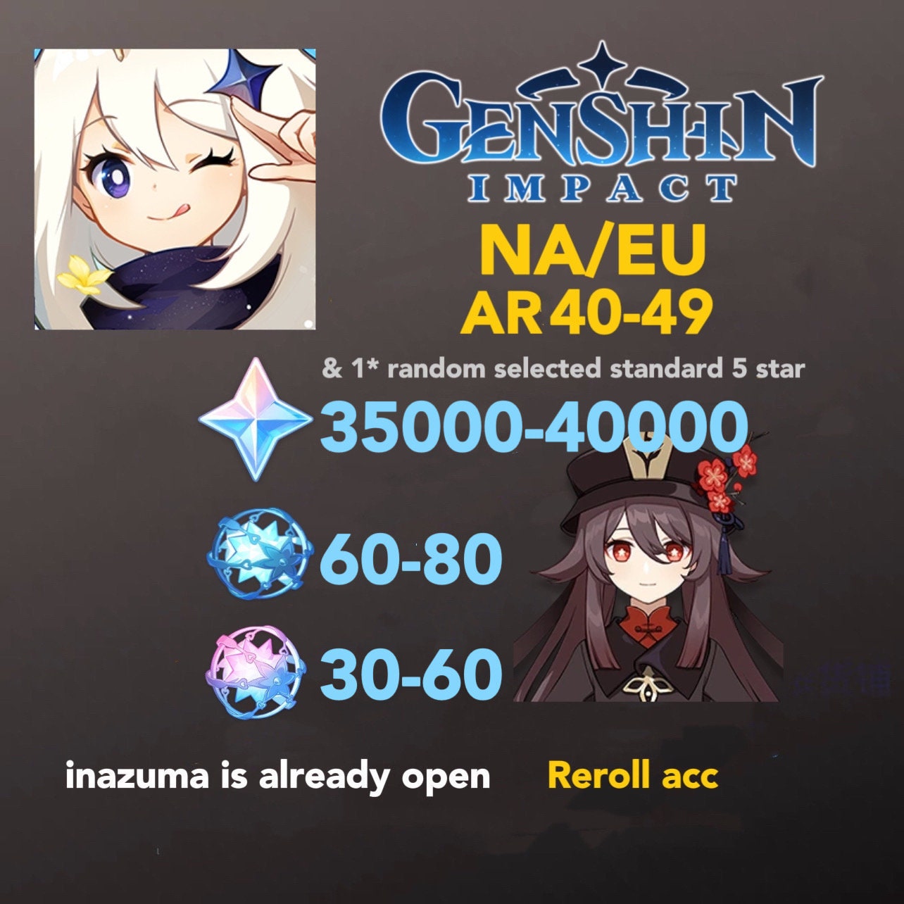 END OF MONTH SALE!! RARE ACCOUNT Hu Tao (Hutao) + Staff of Homa + Diluc F2P  Starter Genshin Impact Account Ready Stock!, Video Gaming, Gaming  Accessories, Game Gift Cards & Accounts on Carousell