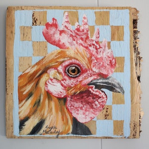 Rooster Original Acrylic Painting, 10&quot; x 11&quot;, Painting on Wood, Animal Painting, Wall Art