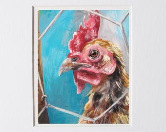 May include: An oil painting of a chicken head with a bright red comb and wattle, featuring brown and black feathers. The chicken is positioned behind a white wire fence against a vibrant blue background, captured in a framed print.