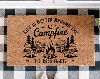 Life is Better Around the Campfire Doormat – Personalized RV Camping Mat – Custom Coir Outdoor Camper Decor