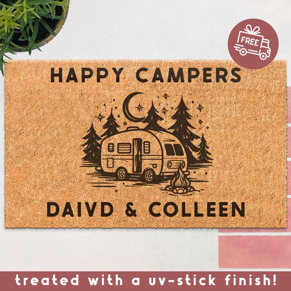 Personalized Happy Campers Doormat, Camper Doormat, Custom Coir Welcome Mat, RV Door Mat, Camping Gifts, Camper Gift, Campsite Decor