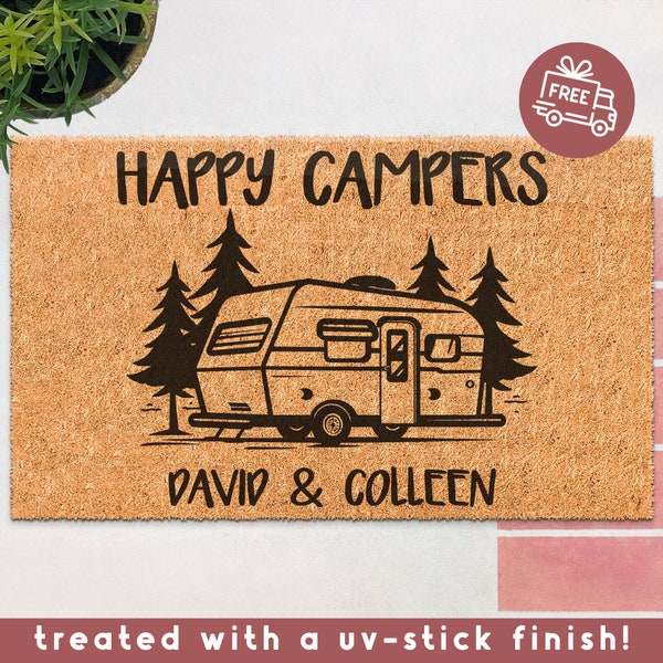 Personalized Happy Campers Doormat, Camper Doormat, Custom Coir Welcome Mat, RV Door Mat, Camping Gifts, Camper Gift, Campsite Decor