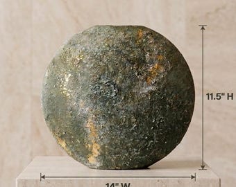 Wabi Sabi Ceramic Vase, Large Organic Modern Textured Vessel, Hand Painted Moss Green Gold Leaf Pot, Unique Spherical