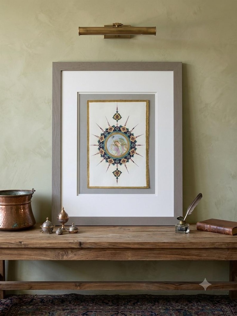 Original Persian Miniature Painting, Framed Tazhib Illumination Art, Islamic Geometric Medallion Art, Traditional Middle Eastern Watercolor, image 2