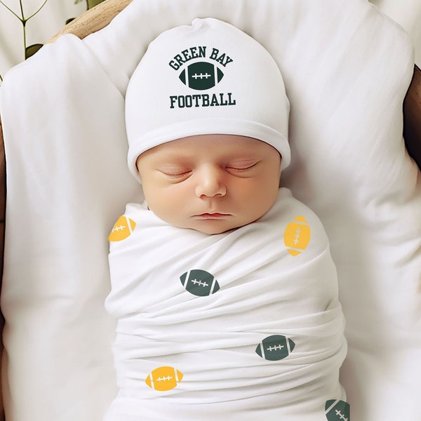 Green Bay Swaddle and Hat Set, Green Bay Swaddle and Beanie Set, Baby Shower Gift, Green Bay Football, Green Bay Blanket