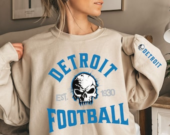 Detroit Football Skull Sweatshirt With Printed Sleeve, Detroit Skull Shirt, Detroit Football Sweater, Football Crewneck, Footbal