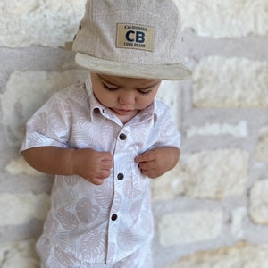 Tropical Baby Boy Shirt – Neutral Tan Leaves Print – Perfect for 1st Birthday, Family Photos, Summer Wedding, or Luau outfit