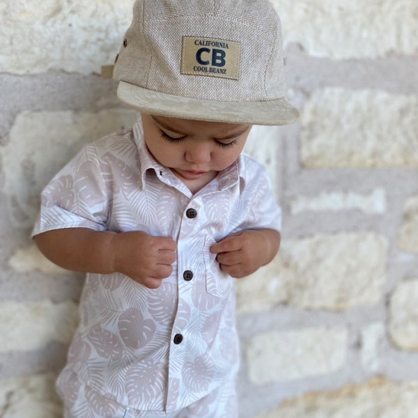 Boy’s Tropical Button Down Shirt Beige Tropical Leaves Print -Perfect for weddings 1st birthdays, beach days, family photos, and more!