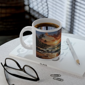 Kubek ceramiczny Hawaiian Beach Sunset Coffee Mug, nowoczesny nadmorski wystrój, żywy tropikalny kubek kuchenny, wyjątkowy kubek Sunset Coffee Cup