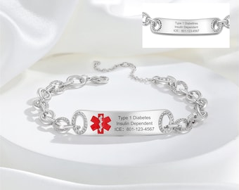 Custom Diamond Medical Alert Bracelet,Medical Alert Jewelry,Medical Id Tag Women,Alert ID Bracelet for Epilepsy and Heart Patients