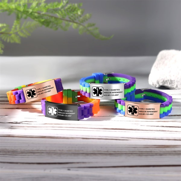 Bracelet d'alerte médicale couleur dopamine réglable pour enfants - Identification d'urgence et bracelet médical pour familles - ICE, épilepsie, diabète, autisme