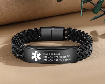 Custom Herringbone Medical Alert Bracelet,Engrave Emergency medical information, Alert Id bracelet for Epilepsy, Allergies, and Diabetes