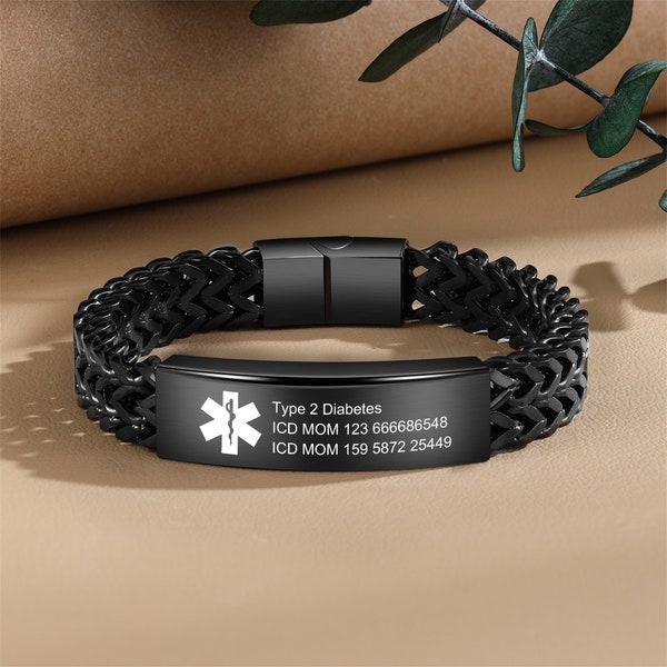 Custom Herringbone Medical Alert Bracelet,Engrave Emergency medical information, Alert Id bracelet for Epilepsy, Allergies, and Diabetes