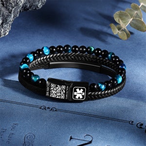 Custom QR Code Leather Medical ID Beaded Bracelet,Engrave Medical Information Bracelet for Epilepsy,Heart Disease Patients,Wristband for Men