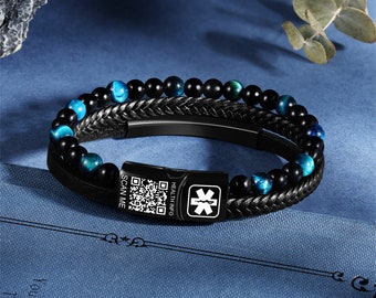 Custom QR Code Leather Medical ID Beaded Bracelet,Engrave Medical Information Bracelet for Epilepsy, Heart Disease Patients