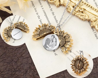 Custom Sunflower Photo Necklace, You Are My Sunshine Sunflower Necklace for Mom, Engrave Name & Pet Memorial Photo Locket Pendant for dogmom